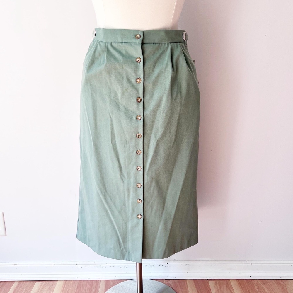 Norm Thompson Midi‎ Skirt Sage Green Button Front Cotton Twill Always-Fit 16P